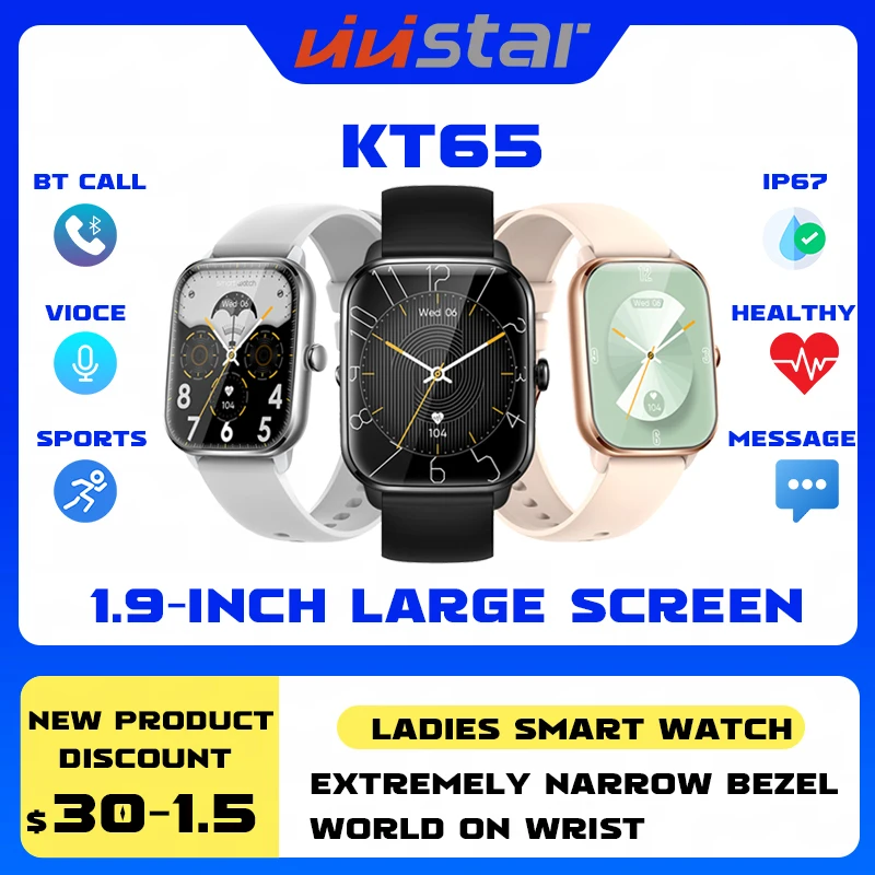 

Женские умные часы VIVISTAR KT65 с Bluetooth, Смарт-часы для звонков для женщин, Экран 1,9 дюйма с монитором Lager, фитнес-часы с мониторингом здоровья