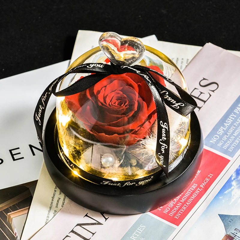 Gifts for Girls Eternal Flowers In Heart Glass Dome with Led Light Forever Preserved Rose Wedding Gift for Mom Women Girlfriend