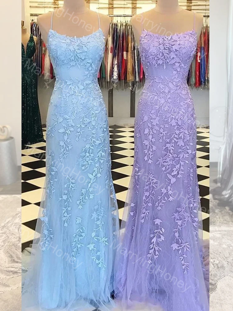 

Women's Tulle Lace Appliques Sleeceless Prom Dresses Sexy Mermaid Long Spaghetti Straps Backless Formal Evening Gowns with Train