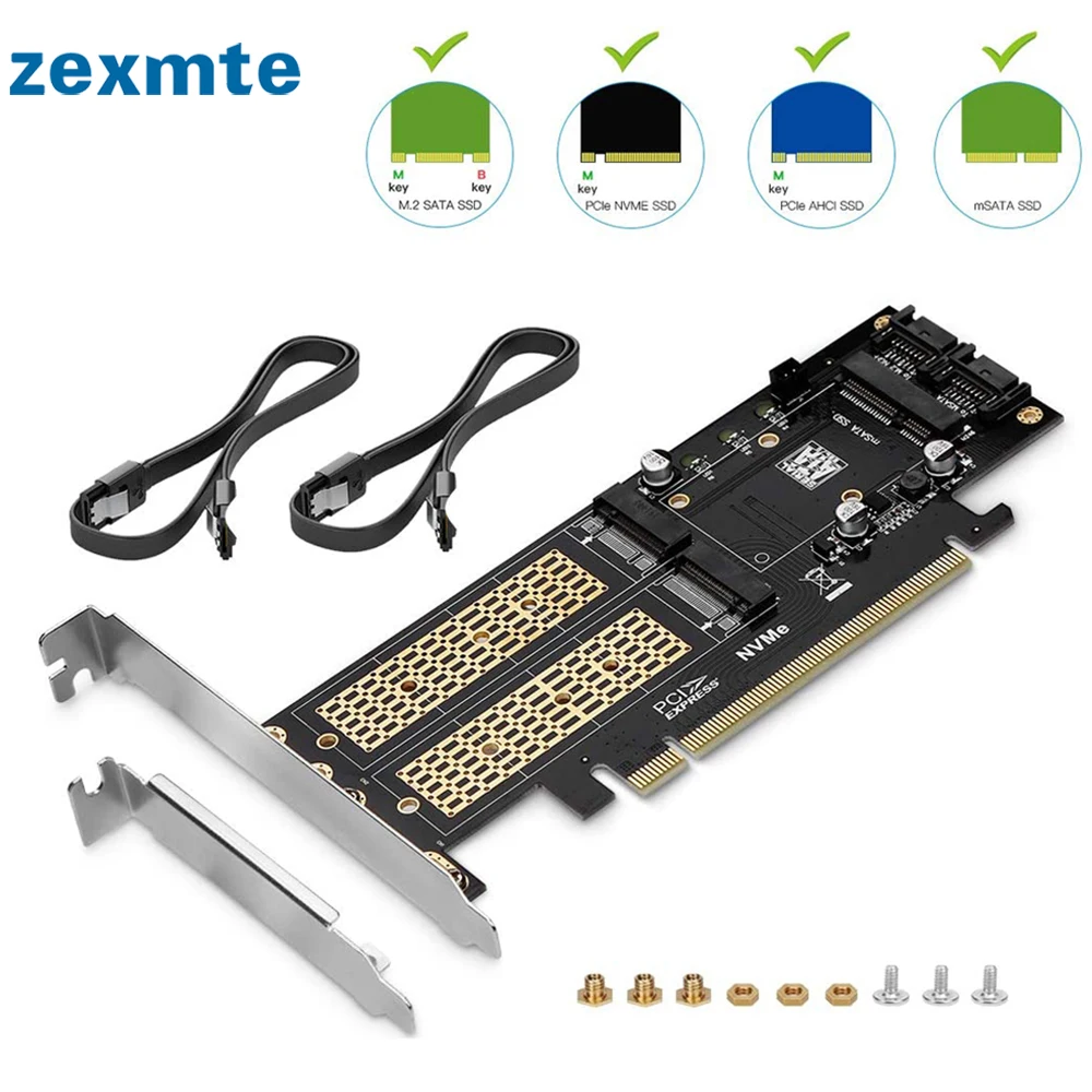 Адаптер Zexmte M.2 NVMe SSD NGFF на PCIE 4X, плата интерфейса B + M Key, поддержка PCI-e PCI Express 3, размера M.2 M2 Pcie 16X, адаптер