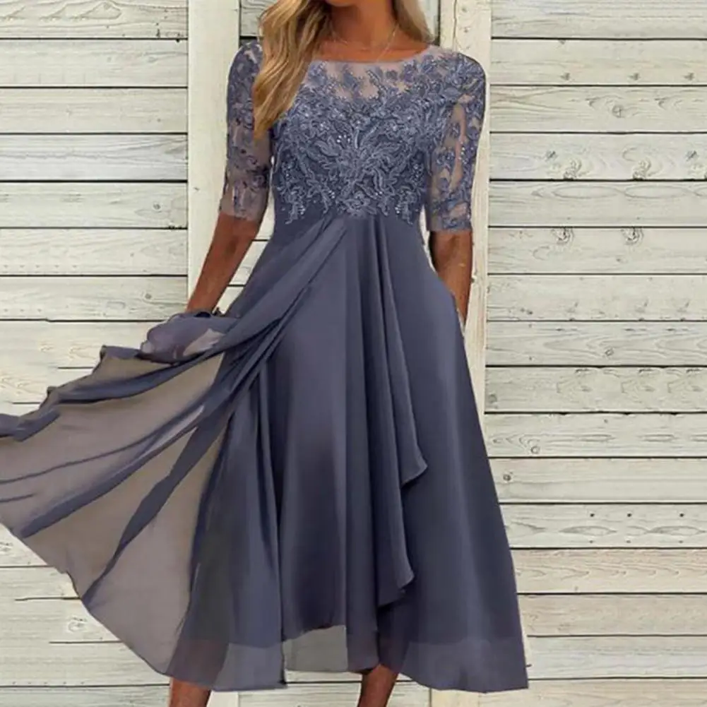 

Elegant Women Dress O-neck Half Sleeve Irregular Flowy Hem Dress Crochet Lace Chiffon Patchwork Guest Midi Dress Female Clothing