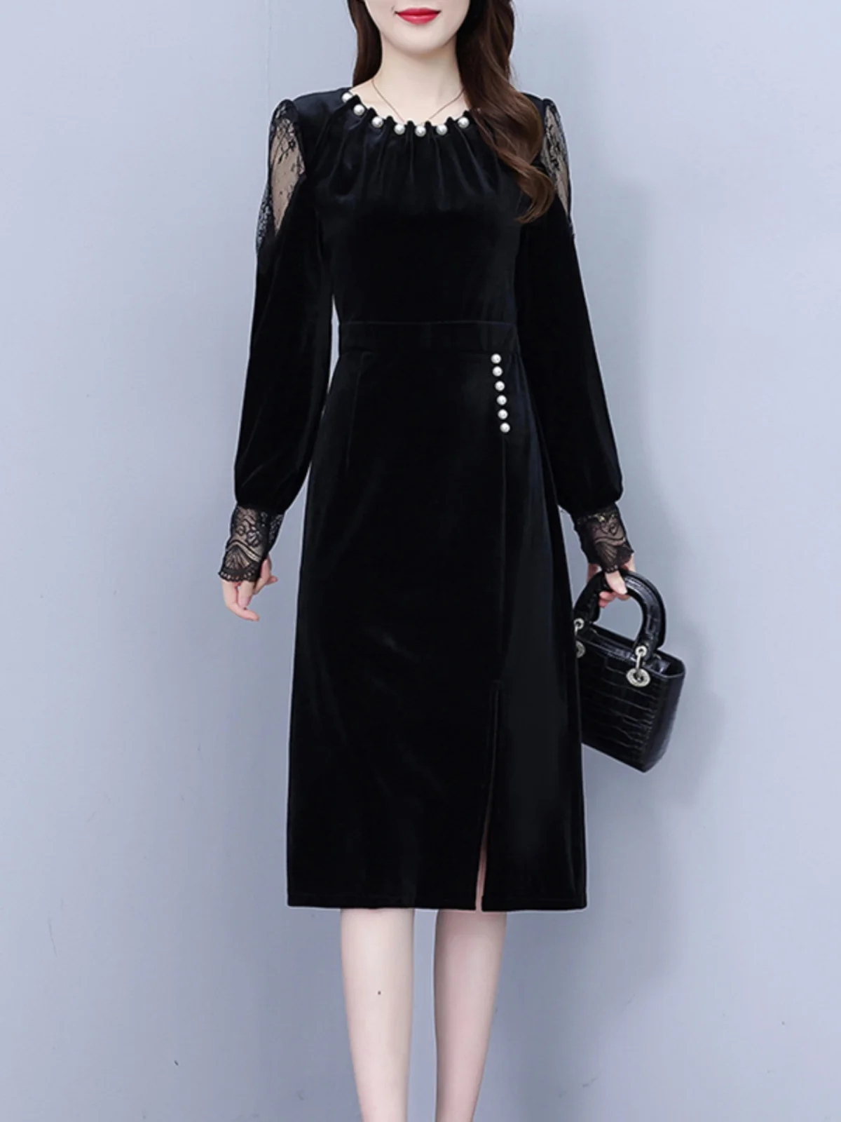 Золотое бархатное платье для всего тела. Женская одежда. Весна и осень-зима 2024.