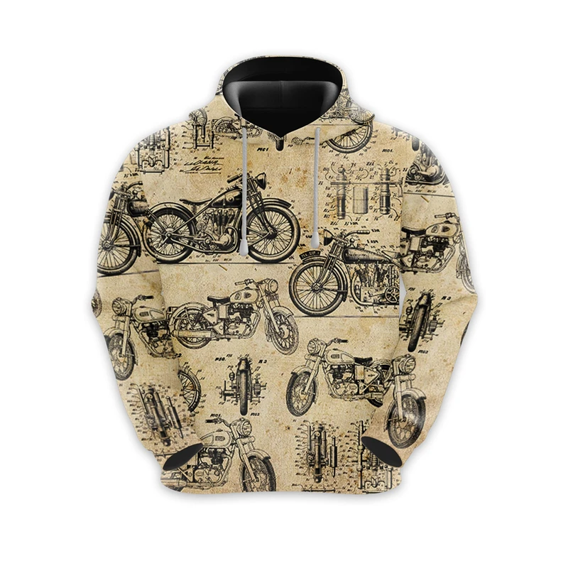 Fashion Motorcycle Pattern Hooded Sweatshirt Vintage Autumn Long Sleeve Mens 3D Printed Hoodies Loose Streetwear Pullovers Tops