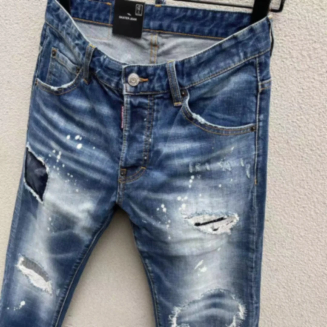 2023 Spring/Summer New D2 Jeans Men's Wash Printing Simple and Versatile 3D Cutting Small Foot Blue