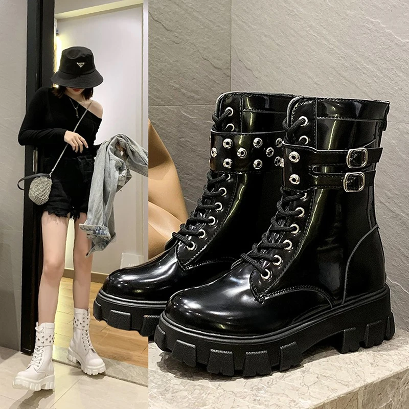 

Woman Lace Up Autumn Boots Womens Ladies Chunky Wedge Platform Black Patent Leather Boots Punk Goth New Arrival 2022