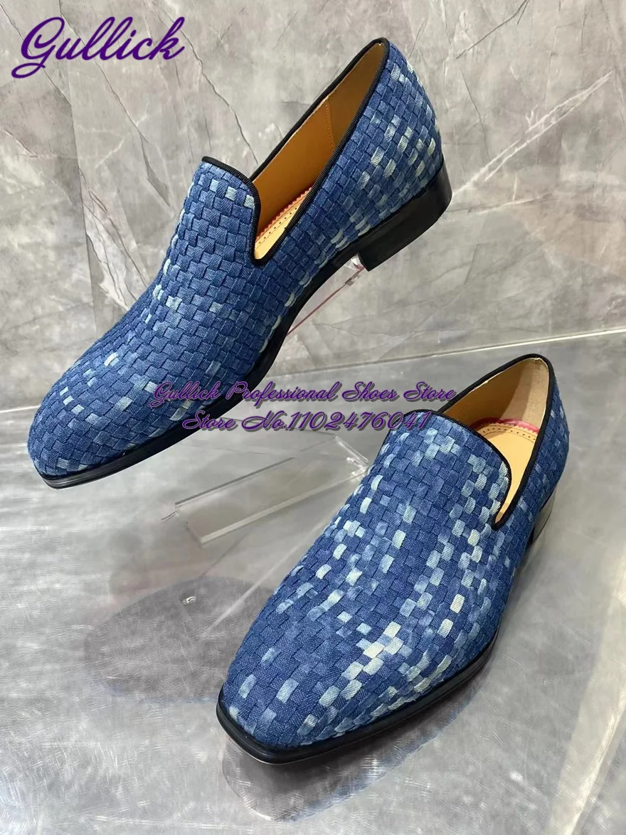 Туфли Gulick мужские синие плетеные под джинсовую ткань лоферы без застежек