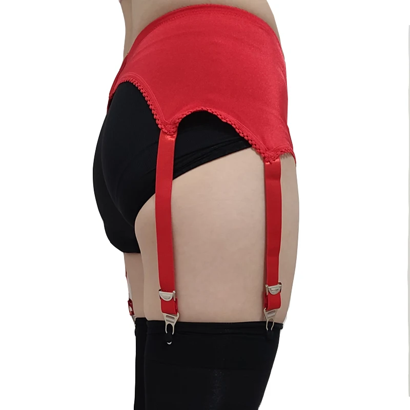 Vintage Red Lace Garter Belt with 6 Straps Hollow Out Metal Clip Sexy Suspender Belt for Women Stockings Lingerie