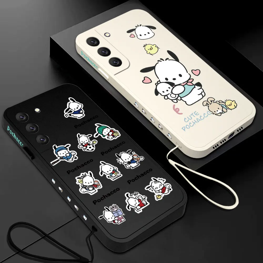 

Cool Sanrio Pochacco Phone Case For Samsung Galaxy S23 S22 S21 S20 Ultra Plus FE S10 4G S9 S10E Note 20 10 9 Plus With Lanyard