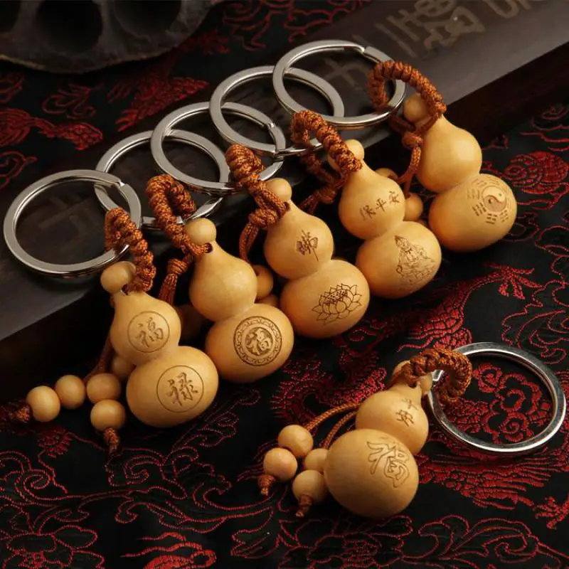 

Peach Wood Key Chain Pendant Ping An Fulu Gourd Key Chain Car Key Chain Home Decoration Gift Mascot Chinese Fengshui Ornament