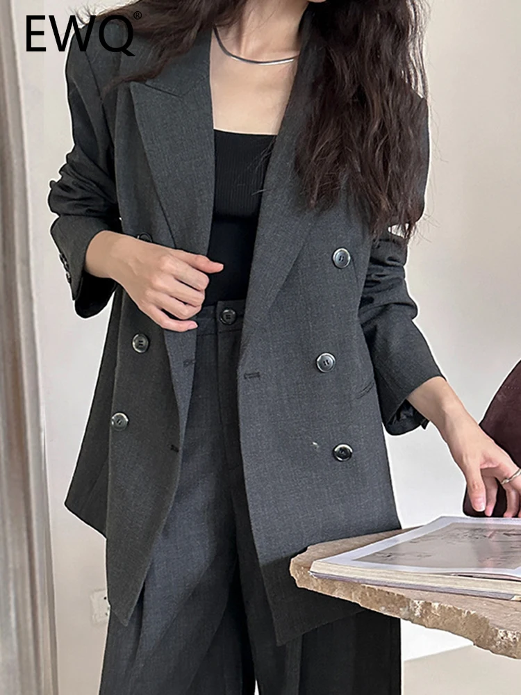 

EWQ High End Designer Blazers For Women Solid Double Breasted Long Sleeve Loose Female Elegant Jackets 2023 Autumn New 26D5554