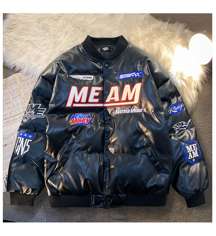 American Style Hip Hop PU Parkas Men's Winter Ins Single Breasted Loose Letter Patchwork Design Jackets Overcoats White Black