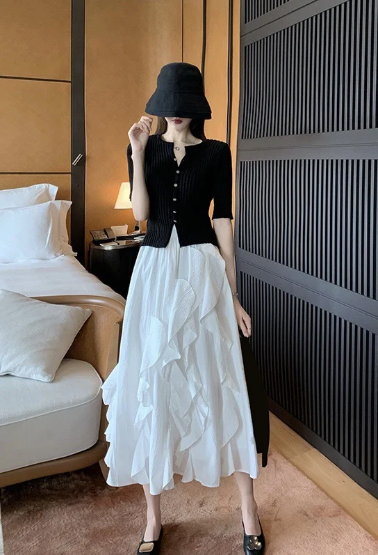 

2023 spring and summer women's clothing fashion new 100% Cotton Knit Cardigan Stitching Flounce Skirt 0511