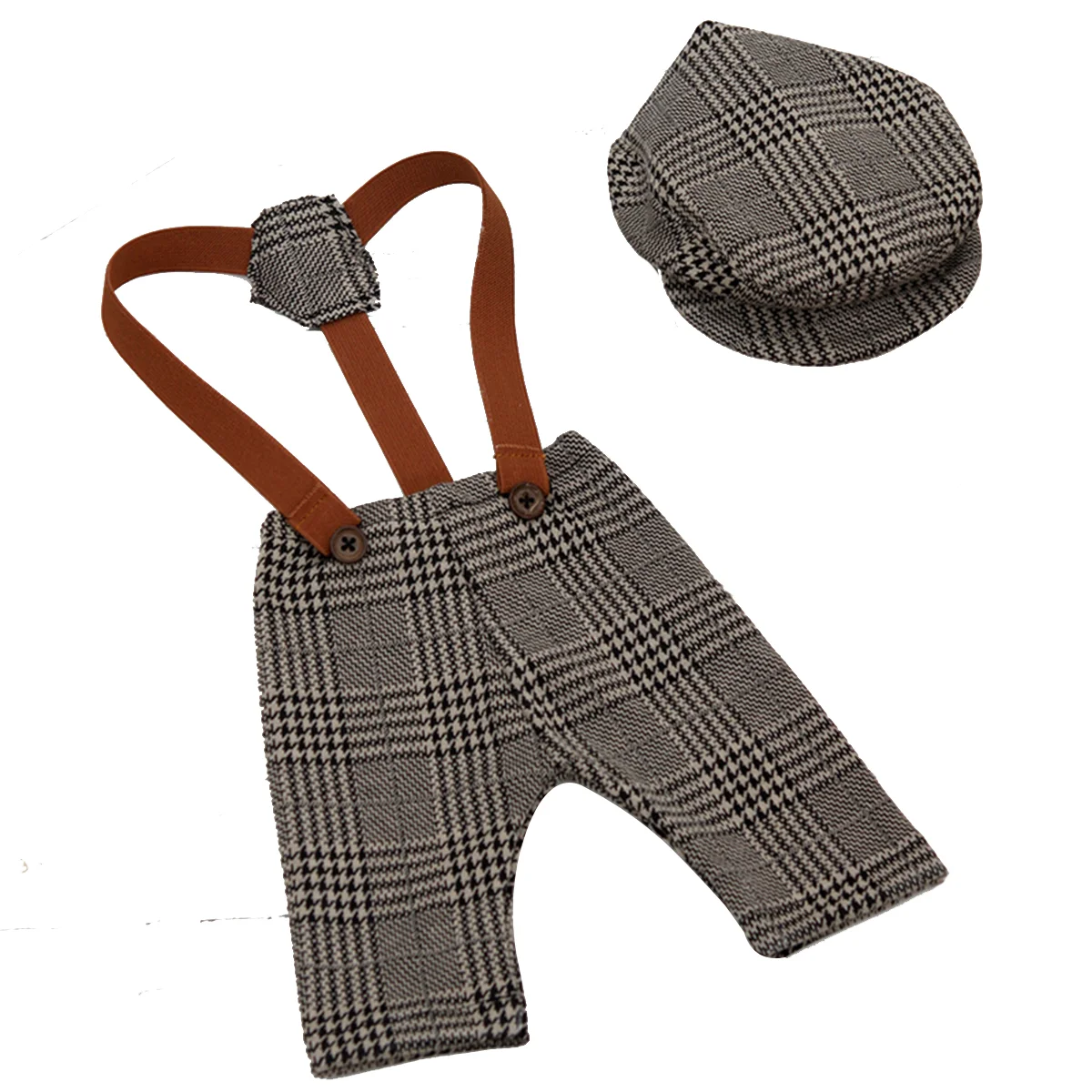 

Newborn Costume Set Vintage Plaid Suspender Pants Flat Cabbie Hat Photography Props Fancy Dress Clothes for Infant Brown