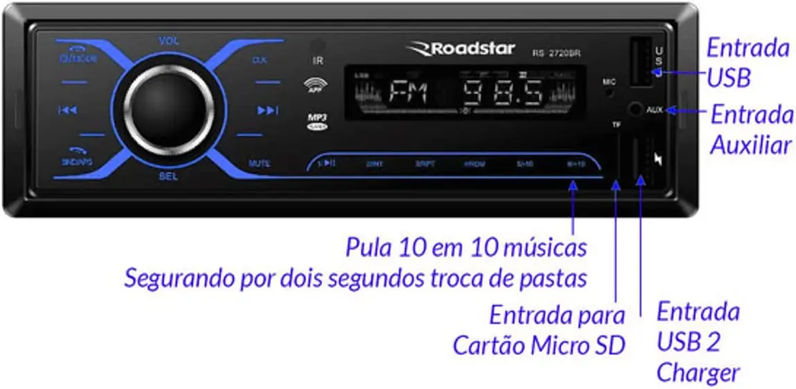 

2023 Som Automotivo Bluetooth/Micro SD/USB/FM/ISO/MP3/Aux Com Controle Remoto Painel Touch Fixo LED Azul - RS2720BR caixinha de