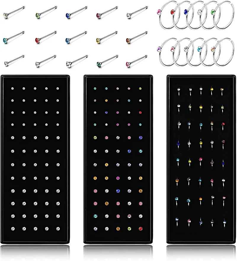 

40/60PC Set Fashion Crystal C Shape Nose Ring Stainless Steel Multicolor Bend Nose Stud for Women Aro Nariz Anneau Nez Piercing