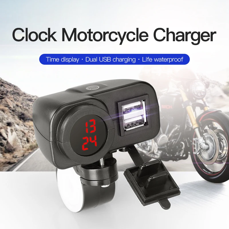 Motorcycle Dual USB Charger 4.2A Socket Waterproof Mobile Phone Fast Charging Adapter Display Clock With ON/OFF Switch