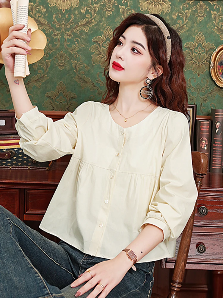 Рубашка женская шифоновая с длинным рукавом и круглым вырезом