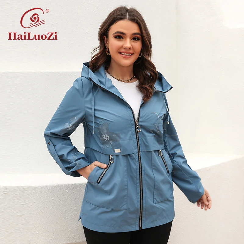 HaiLuoZi 2022 New Spring Women's Windbreaker Plus Size Fashion Printing Casual Women Coat High Quality Traf Zipper Jacket 9679