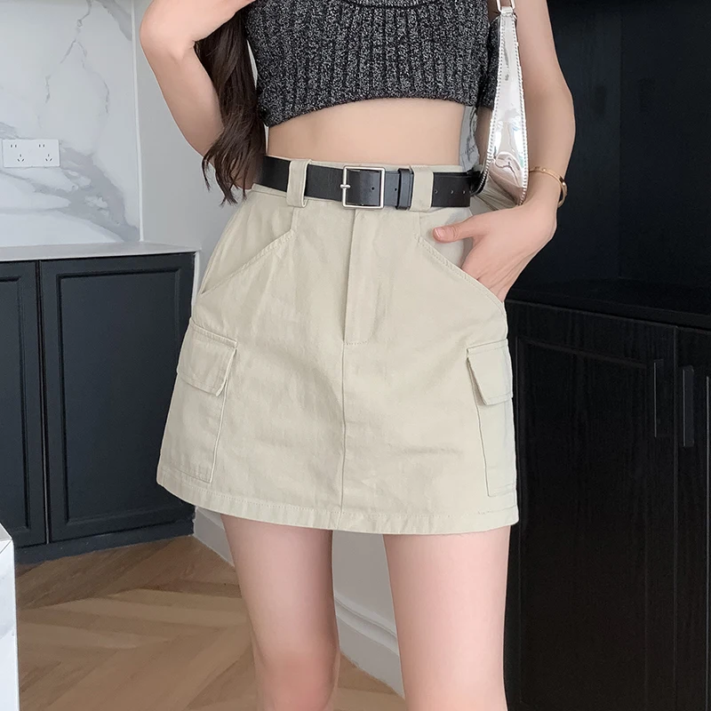 

Женская юбка-карго с высокой талией, Повседневная трапециевидная короткая юбка абрикосового цвета с карманами, лето 2023