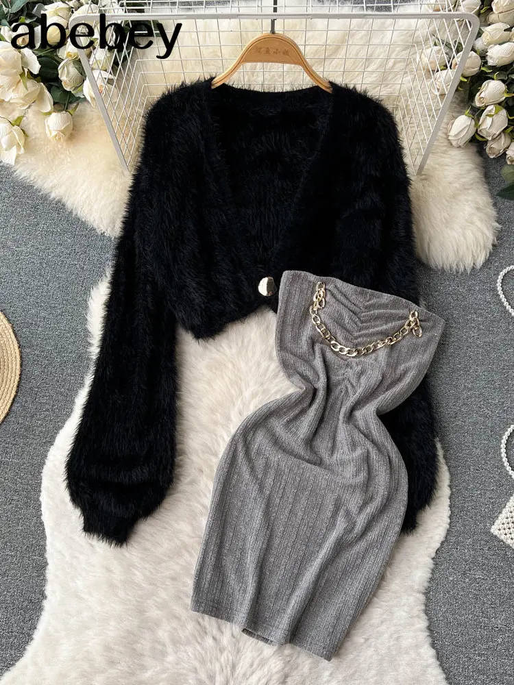 

Женские трикотажные комплекты, Осенний однобортный свитер с V-образным вырезом + длинный зимний однотонный теплый костюм из двух предметов