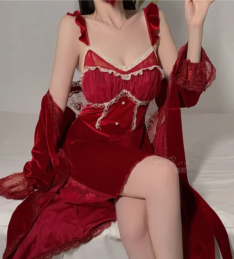 Велюровый женский халат костюм весна-осень бархатная кружевная сетчатая одежда