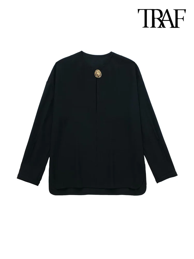 

Блузка женская с длинным рукавом, круглым вырезом и металлическими пуговицами спереди