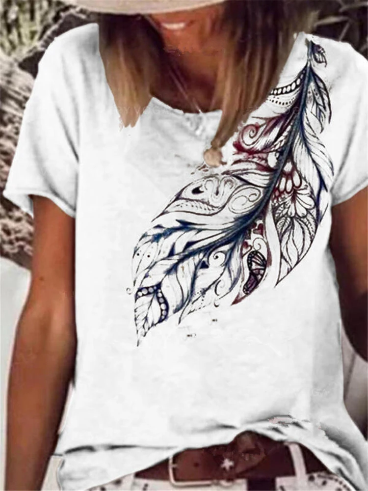 

Women Retro Leaf print T-shirt Street Casual O-neck Loose Top T-shirt Harajuku 2022 Summer New Commuter Short-sleeved Top Blouse