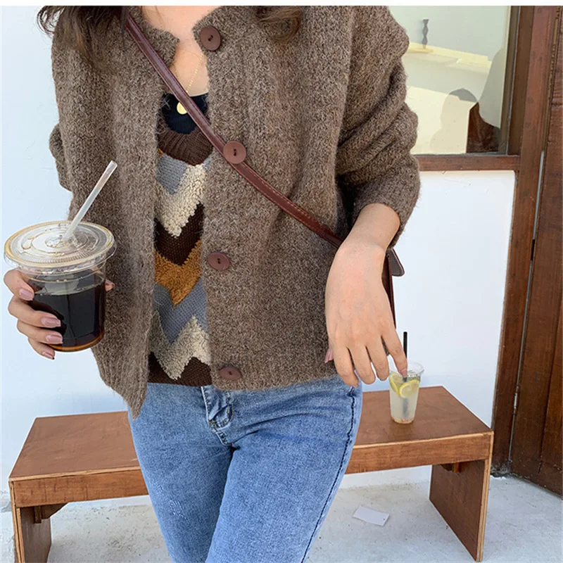 

Loose Outer Wear Knitted Sweater Female 2023 Autumn Winter Korean Style Solid Color Thick Knitted Cardigan Short Coat Female
