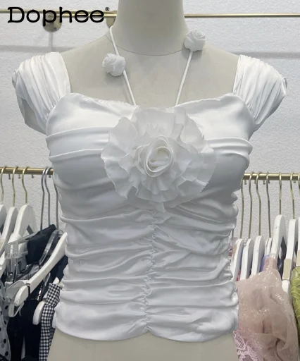

Sexy Skinny Top for Women 2022 Summer New Design Halter Sleeveless Short T-shirt Midriff Outfit Ladies Flower Tee White Black