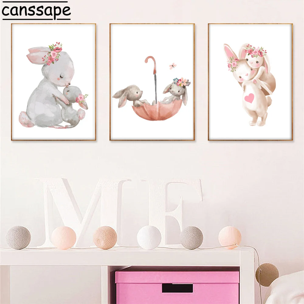 

Flower Animals Print Bunny Poster Nursery Wall Art Posters Rabbit Canvas Painting Nordic Wall Pictures For Children's Room Decor