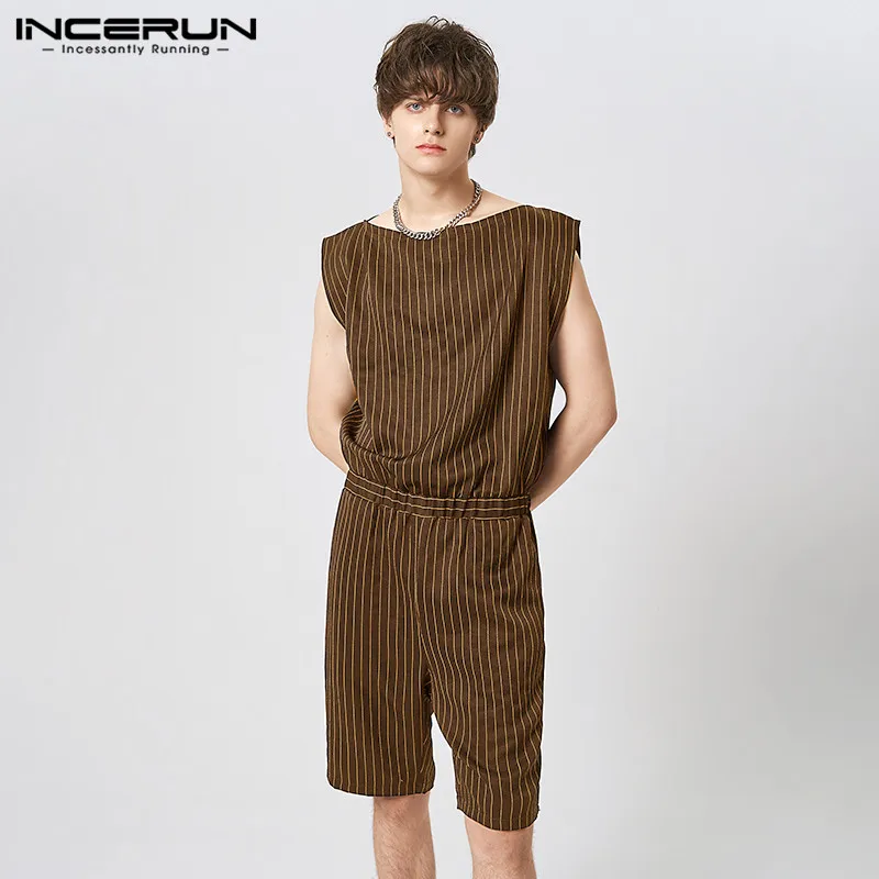

INCERUN Men Jumpsuits Striped Off Collar Sleeveless Elastic Waist Casual Rompers Streetwear 2023 Male Playsuits Overalls S-5XL