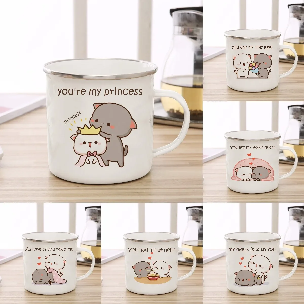 

New Peach and Goma cat enamel coffee tea cup cute animal breakfast dessert milk water cup couple gift original breakfast cups