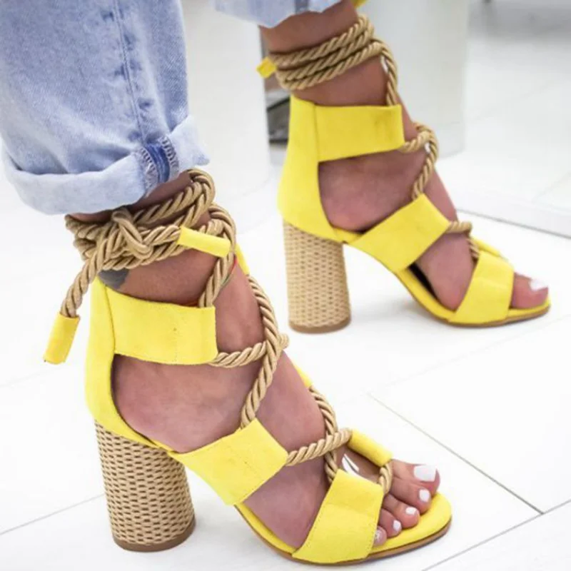 

2023 New Trend Summer Chunky Shoes Fashion Women High Heels Sandals Designer Weave Ankle Lace Slides Sexy Open Toe Female Pumps