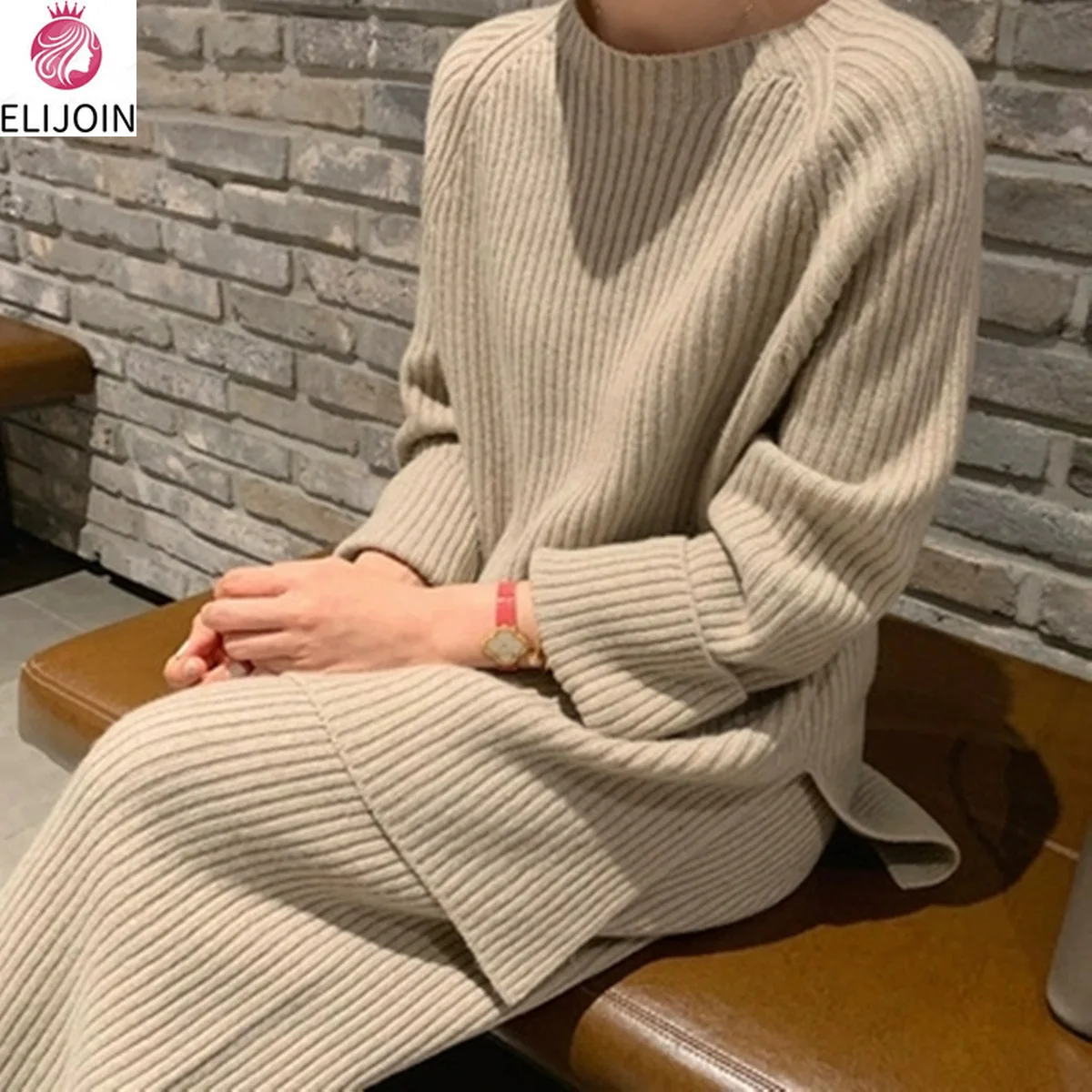 

ELIJOIN2021 Fashionable Winter Padded Warm Knit Pullover Two-piece High Waist Loose Wide Leg Suit Joker