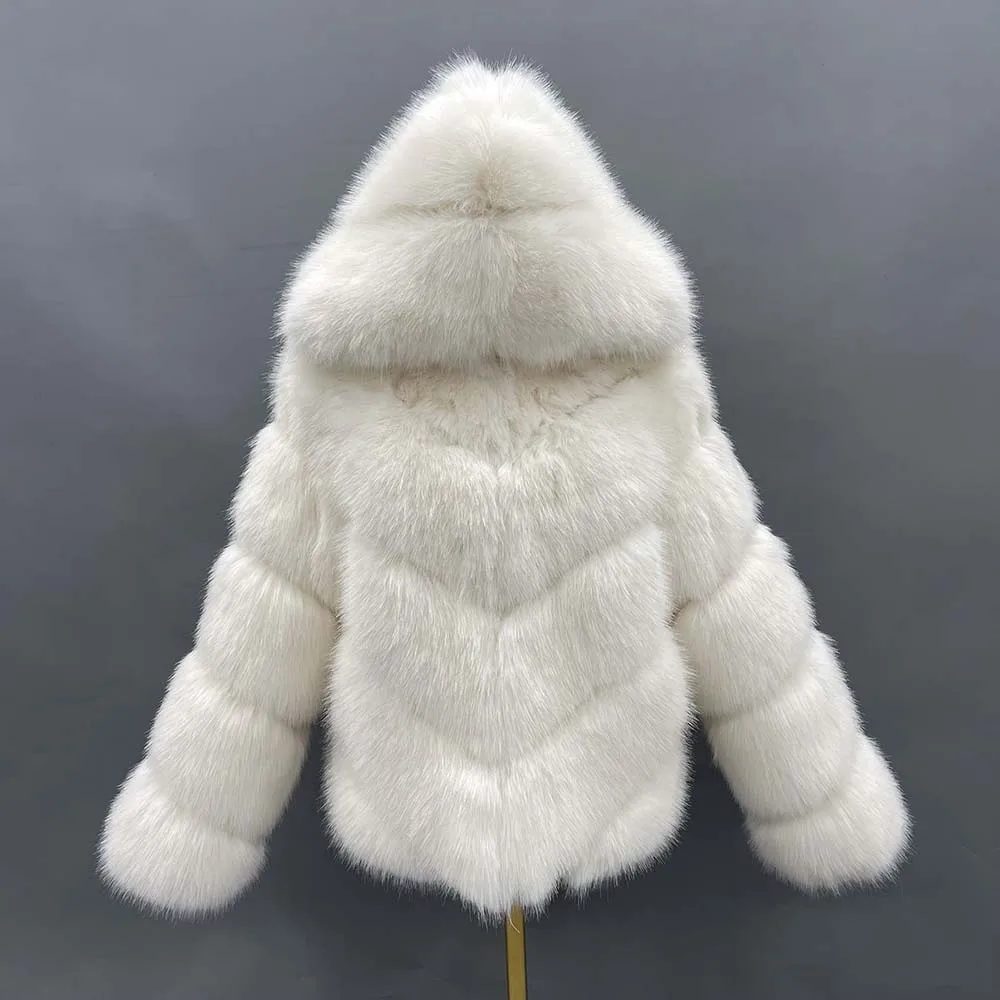 

Janefur Women Faux Fur Coat with Hood White 2022 New Fluffy Imitation Fox Fur Bomber Jackets Wholesale Ladies Winter Fake Fur