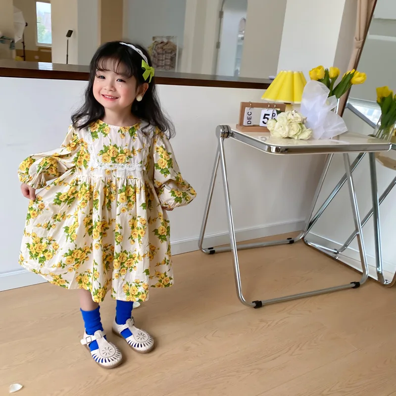 

1-6T Girls Dress 2022 Spring New Pure Cotton Summer Thin Korean Long Sleeve Flower Dress Lace Princess Dress Children Clothing