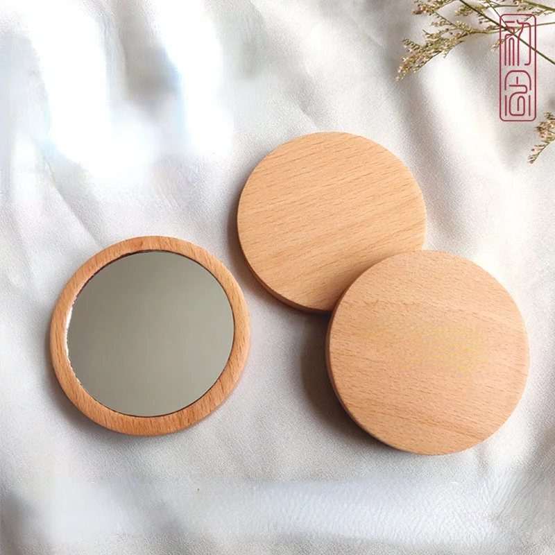 Косметическое зеркало из чистого дерева круглое портативное для макияжа