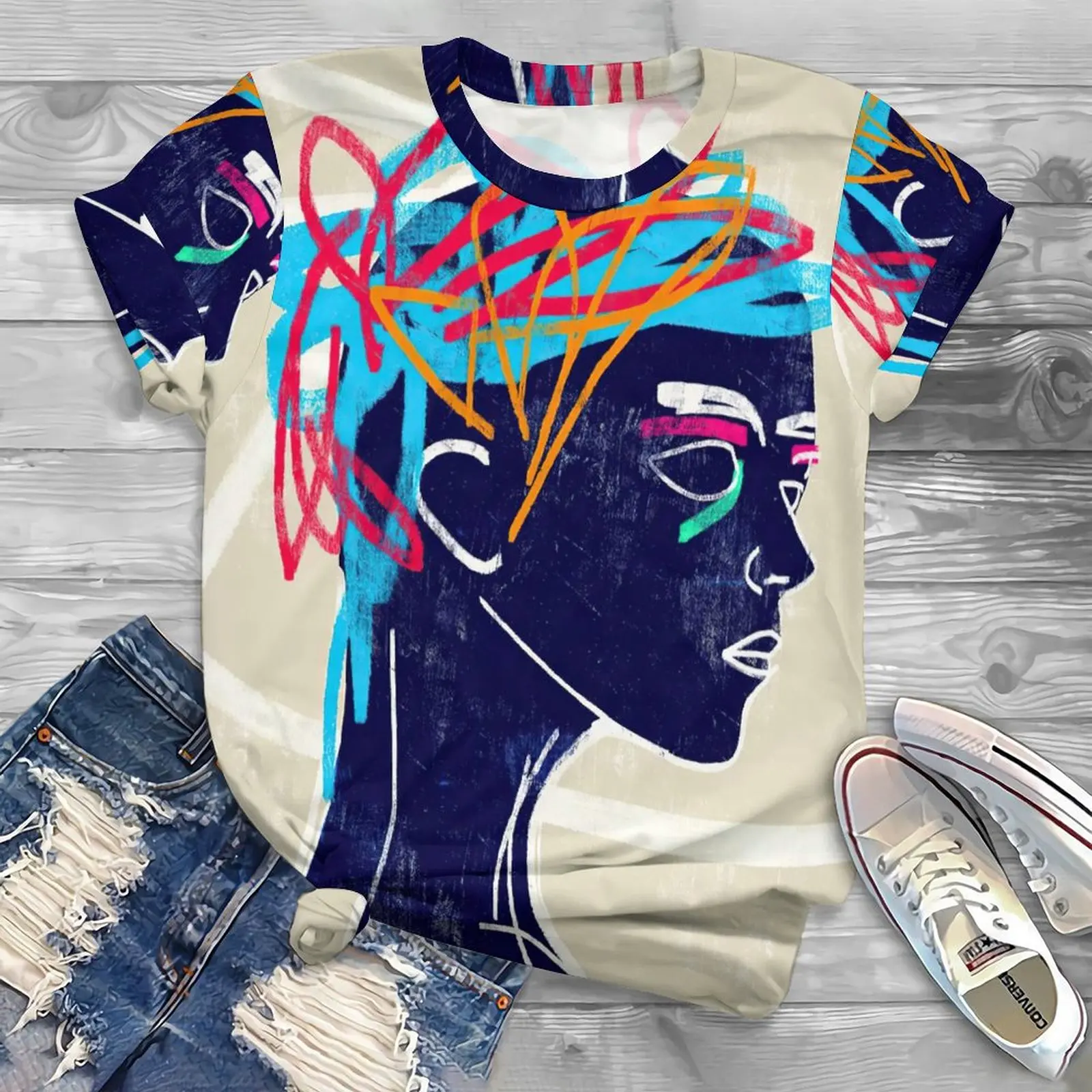 

Summer T Shirts Vintage African Girl Color Pattern T Shirt O-Neck Women 3D Print Fashion Loose Short Sleeves Girls Clothing