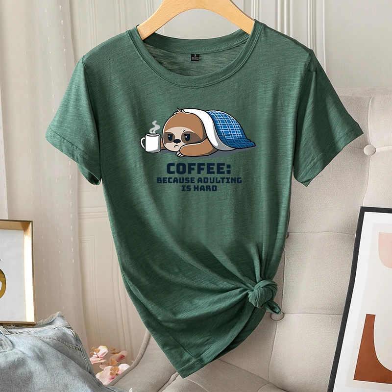 

Women Summer Daily Regular Short Sleeve Ladies Fashion Casual T-shirts Coffee Sloth Print Female Kawaii Graphic O-Neck Tees Tops