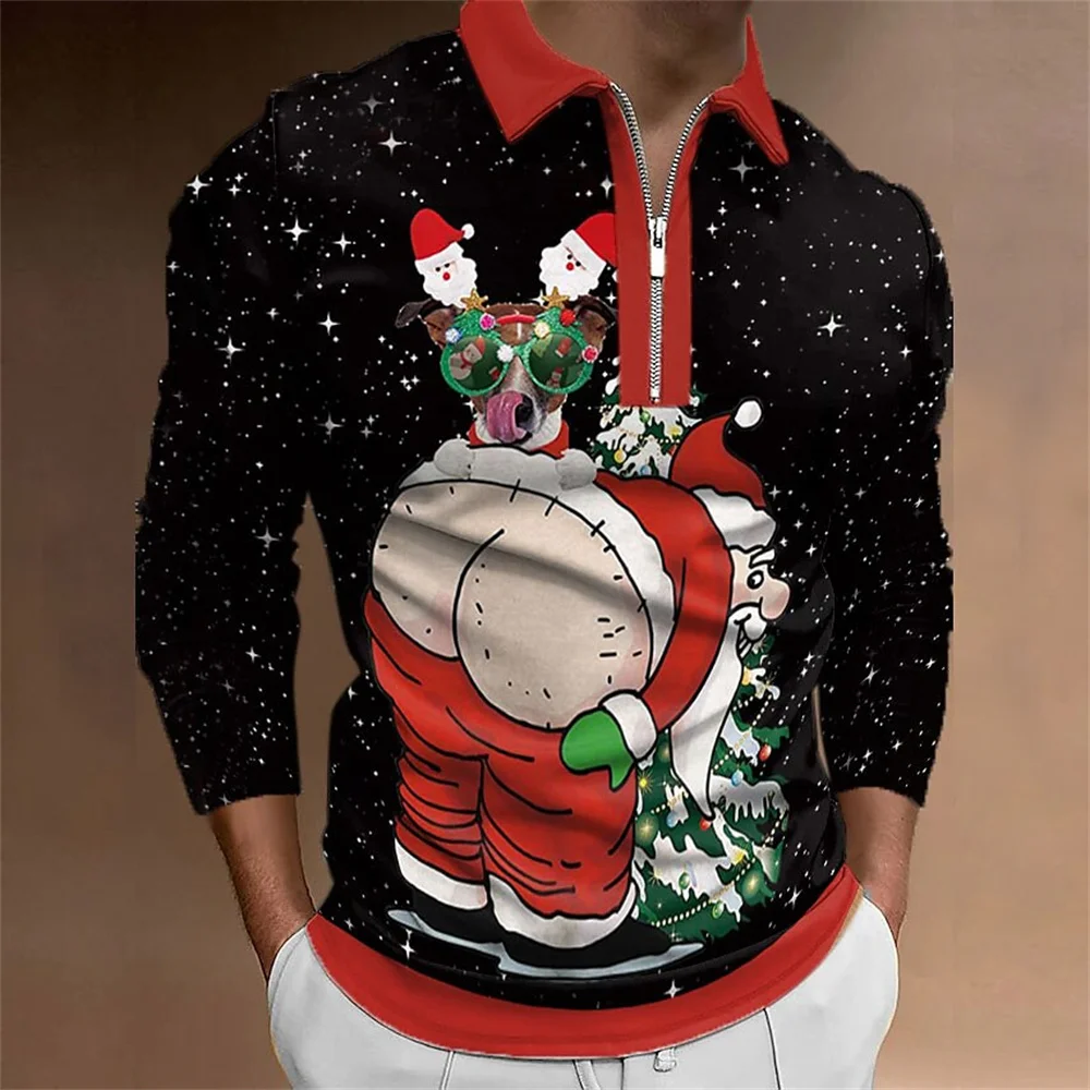 

Men's Polo Shirt Golf Shirt Letter Graphic Prints 3D Print Christmas Street Long Sleeve Zipper Print Clothing Apparel Fashion