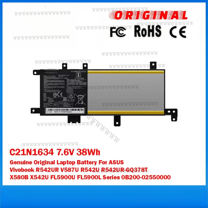 Фото Оригинальная батарея для ноутбука UU C21N1634 7.6V 38Wh для ASUS Vivobook R542UR V587U R542U R542UR-GQ378T серии X58 №1
