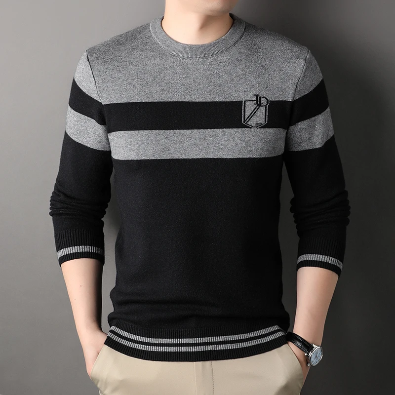 

round Neck Long Sleeve Sweater T-shirt Autumn and Winter Men's Knitwear Striped Base Young and Middle-Aged Shirt Versatile