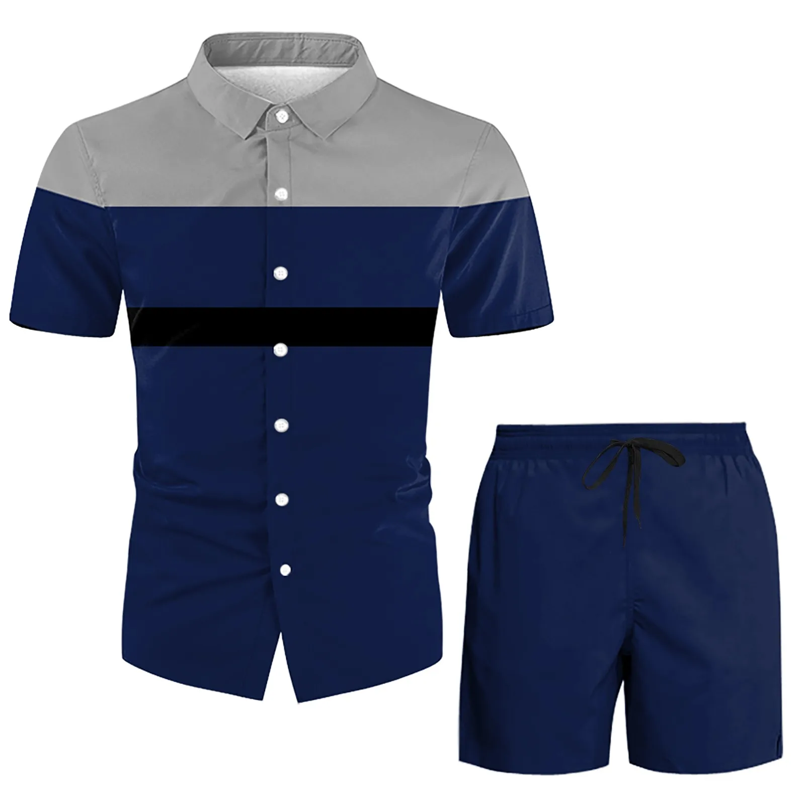 Men 2 Piece Suit Color Block Shirts Solid Color Shorts Male Set Beach Lapel Collar Beachwear Ropa Hombre Outfits Conjuntos New