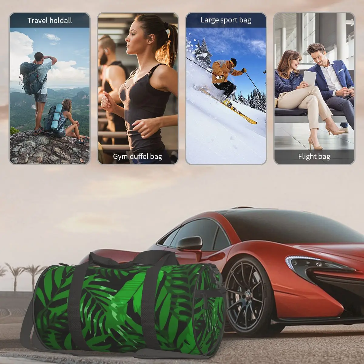 Спортивная сумка летняя тропическая спортивная с обувью зеленые листья мужская
