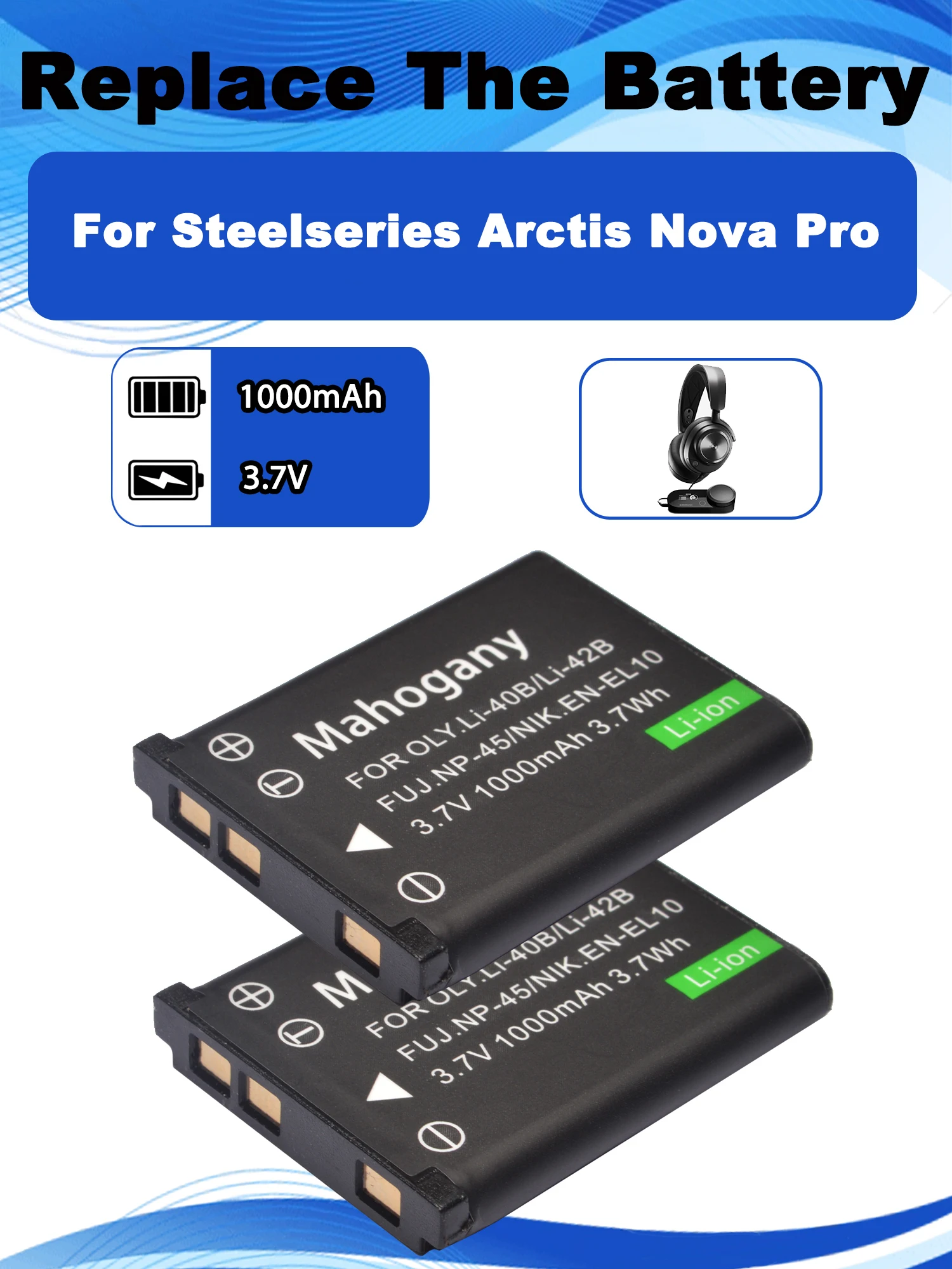 Фото Сменная батарея 3,7 В NP-45 1000 мАч для беспроводной игровой гарнитуры Steelseries Arctis Nova Pro, аккумуляторы для Bluetooth-наушников №1
