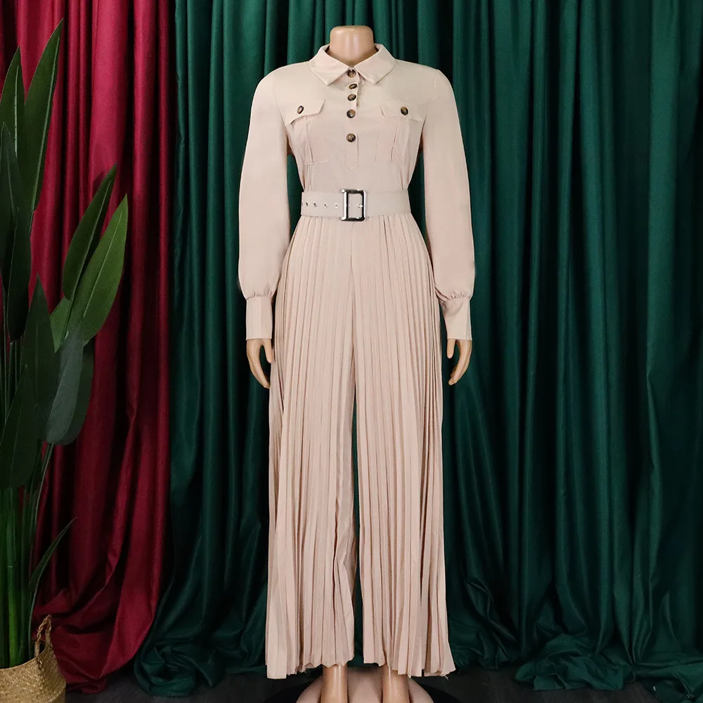 Long Sleeve Turn Down Collar Button Jumpsuit with Belt Slim Elegant Pleated  Wide Leg Pants Rompers OL Office Ladies