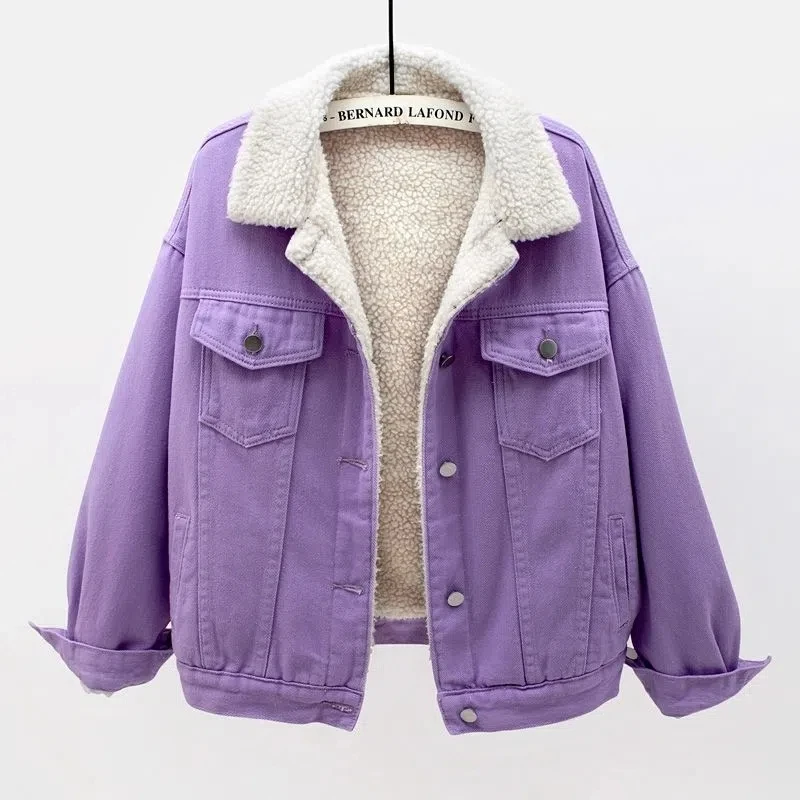 

2022 New Short Denim Cotton-padded Jacket Women Autumn Winter Thicken Fleece Liner Lambswool Coat Lady Warm Outerwear Loose Tops