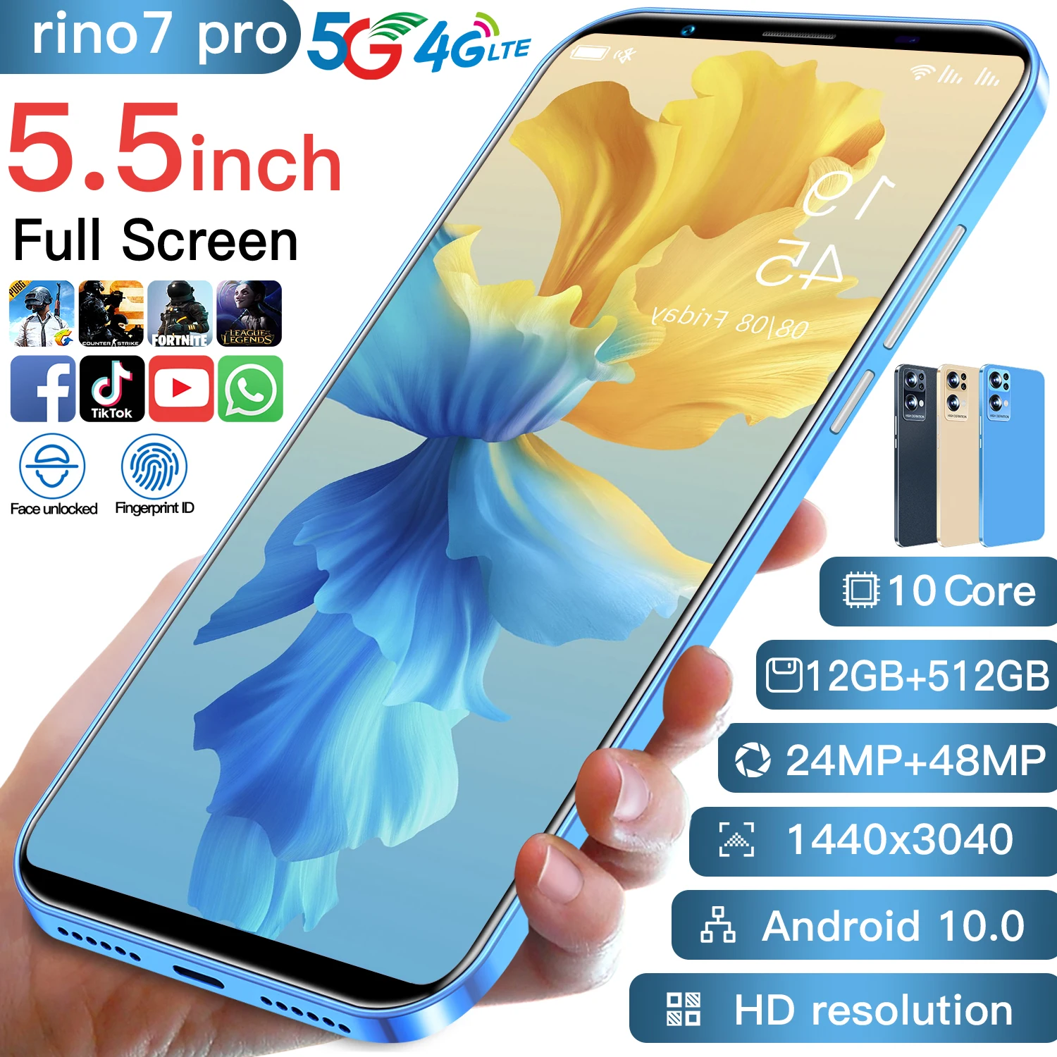 

Global Version Smartphone Rino 7 Pro Phone 5G Face ID Dual SIM 12GB 512GB 5800mAh 5.5HD Android10 Finger 10 Core 4G Hot Celular