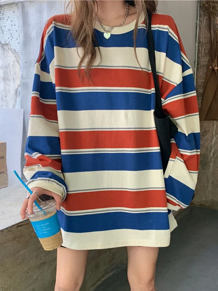 

Spring Striped T-Shirt Women Couple Oversized Casual Sweatshirt Preppy Style Long Sleeve Loose Tops Tees Harajuku Streetwear