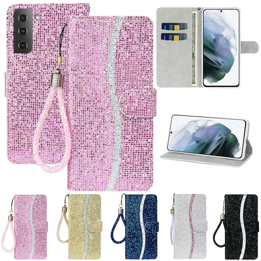 Wallet Flashing Powder Leather Case For Samsung Galaxy S23 Ultra S22 S21 Plus S20 FE S10 S9 S8 Note 20 Ultra 10 Plus A13 A14 A53